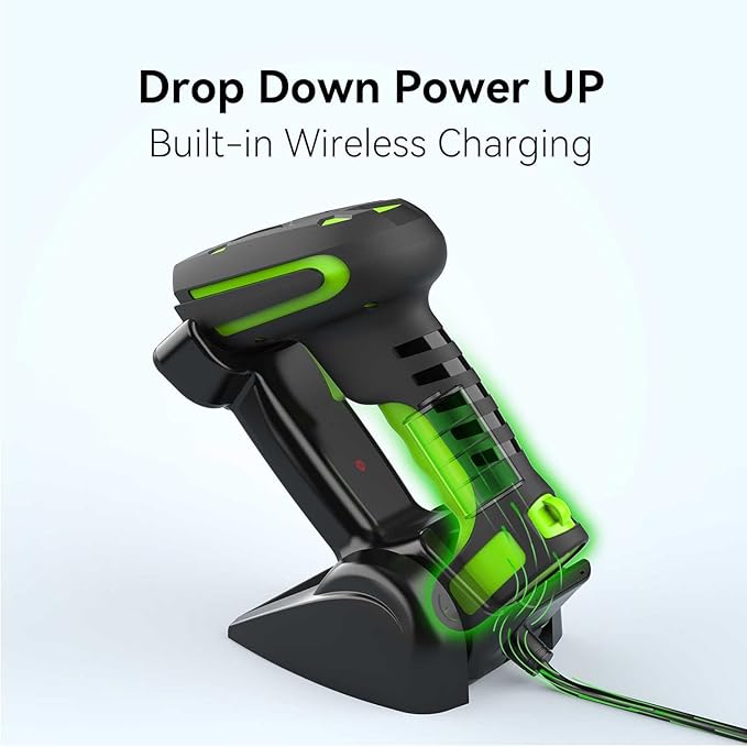 Alacrity Upgraded 2D Industrial Barcode Scanner with Wireless Charging Stand, 1968 Feet Transmission Distance 433Mhz Wireless & Bluetooth 2in1 Barcode Reader, Shock Dust Proof Hands Free, Green