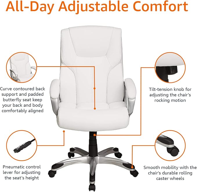 Amazon Basics Executive Home Office Desk Chair with Padded Armrests, Adjustable Height and Tilt, Rolling Swivel Chair, 275 Pound Capacity, White and Pewter