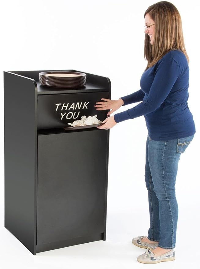36 Gallon Restaurant Fast Food Trash Bin, Receptacle with Door, Tray Holder (Black Melamine)