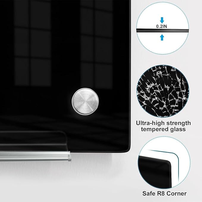 KIZZBY Glass Dry Erase Board - Magnetic Blackboard, 60"X36" Frameless Black Board Clear Glass Boards with Super Strong Magnets, Wall Mounted for Office, Classroom and Home