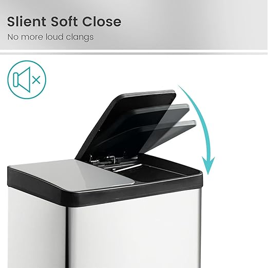 60 Liter (2x30L) 16 Gallon Dual Trash Can, Recycle Bins for Kitchen with 2 Compartments, Trash and Recycle Bin Combo, Soft Close Lid, Stainless Steel Trash Can