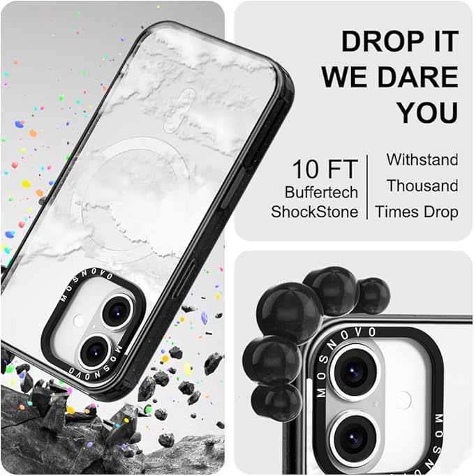 MOSNOVO Magnetic Case for iPhone 16, 10ft Military-Grade Protection, Compatible with Magsafe, Shockproof Phone Case for iPhone 16 - Cloud - Clear Black