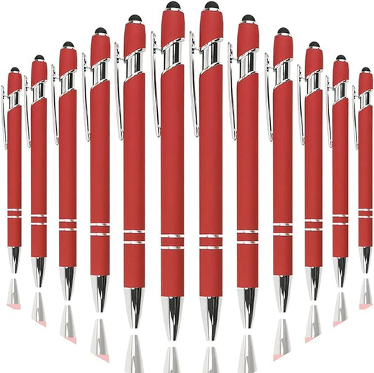 Ballpoint Pen with Stylus Tip, Soft Touch Click Metal Pen, 1.0mm Medium Point, Black Ink, 12 Count(Red)