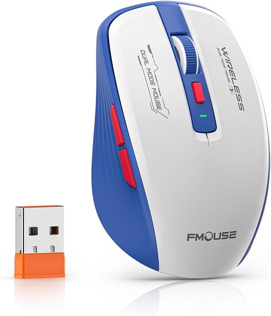 Wireless Mouse (Bluetooth & 2.4GHz USB) with Forward/Backward Side Keys, Silent Click, Ergonomic Portable AA Battery Mice for Laptop/Mac/iPad - Office & Travel Use, White & Blue