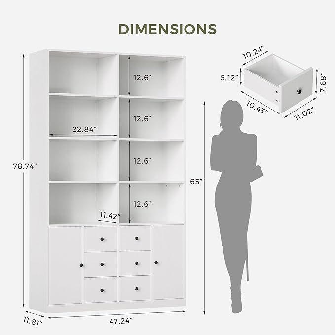 IRONCK 78.7" Bookcase with 6 Drawers, 6 Tier Large Bookshelf with 2 Doors, Large Bookcase with Adjustable Shelves, Tall Storage Cabinet for Home Office, Living Room, White