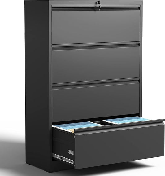 Lateral File Cabinet 4 Drawer, Metal File Cabinets for Home Office Legal/Letter A4 Size, Filing Cabinet with 4 Lock, Require Assembly, Black