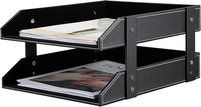 KINGFOM Letter Tray, Leather Paper Organizer Tray, Wooden Desk File Holder, Desktop File, Stackable Magazine Holder, Mail Sorter, Great for Home or Office - 2 Level Black