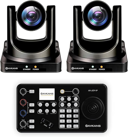 AVKANS 30X NDI PTZ Camera Kits - 2pcs 30X NDI Camera with 1pcs IP Joystick Controller Package for Church Live Streaming Video Production（2X AV-CM30-NDI and 1x AV-Joy-IP）