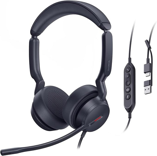 Yealink UH44 Teams Certified USB Wired Headset with 2 Noise Cancelling Mics,Stereo Sound for PC,Laptop,Teams,Zoom,Call Center,Home Office,Inline Controls,Comfort Ear Cushions,USB-C/A,Busylight-Black