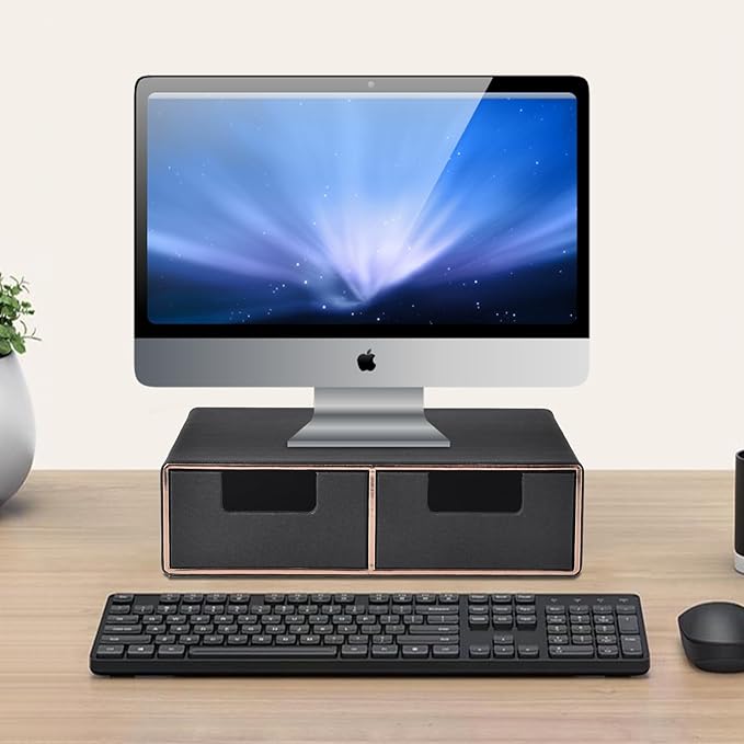 Linen Leather Desk Organizer and monitor stand with Drawers－Mini Desktop Drawer Organizer Stackable－Tabletop Organization Storage Box for Office Supplies Home Vanity Toiletries (Black, 2-drawers)
