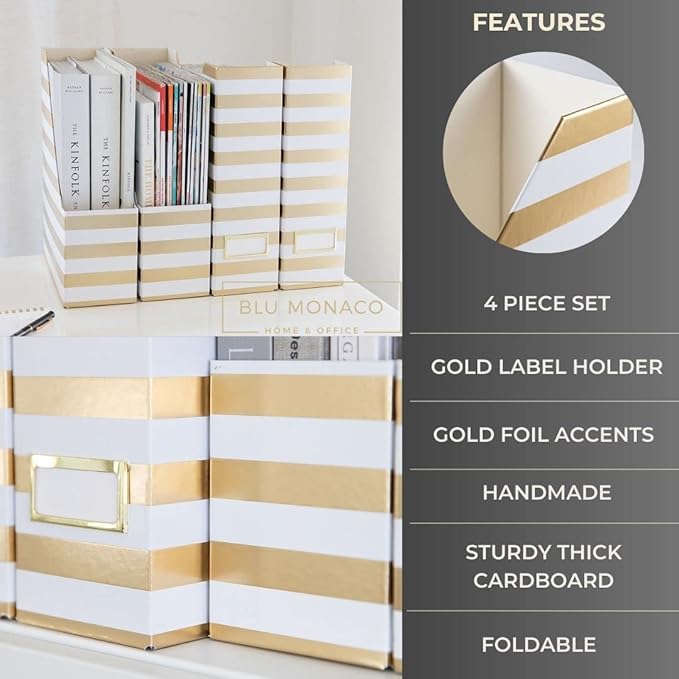 BLU MONACO Set of 4 Gold & White Striped Magazine File Boxes with Gold Label Holders – Stylish File Organizer Box for Desk, Office Supplies, File Folder Holder, and Book Organizer