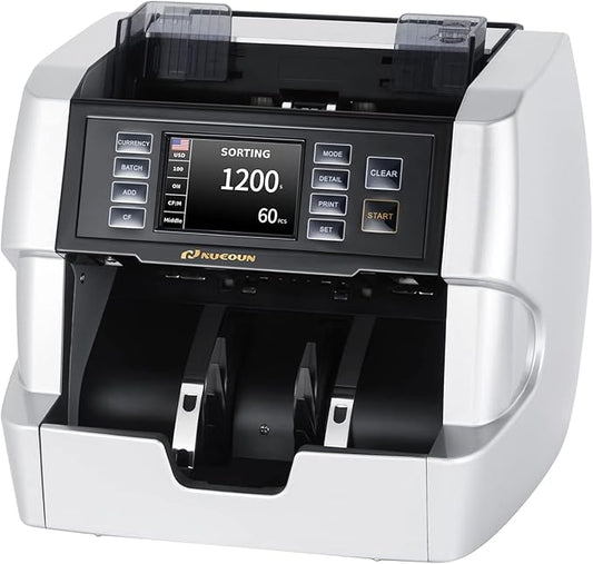 NUCOUN VC-7S Silver Bank Grade Money Counter Machine Mixed Denomination Value Counting Serial Number Multi Currency Enabled 2CIS/UV/IR/MG/MT Counterfeit Detection Cash Bill Value Counter