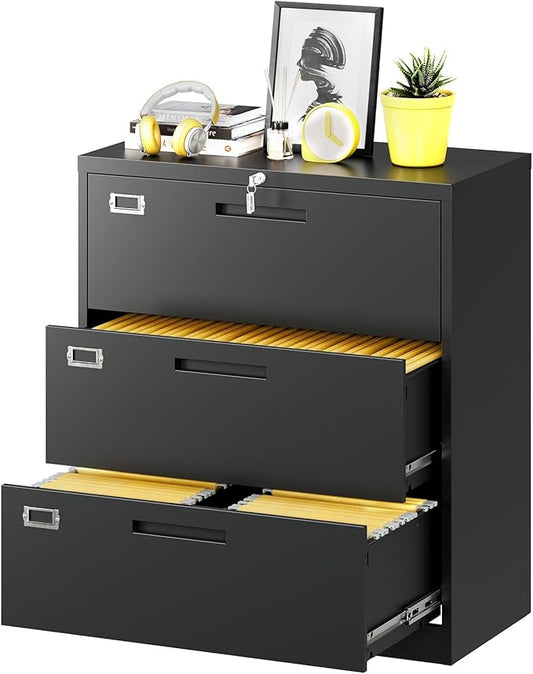 Lateral File Cabinet with Lock, 3 Drawer Large Metal Filing Cabinet,Home Office Lockable Storage Cabinet for Hanging Files Letter/Legal/F4/A4 Size-Assembly Required