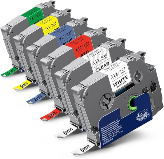 6-Pack 6mm 0.23" Laminated Tape Compatible for Brother P Touch Label Tape 6mm Tze211 Tze111 Tze411 Tze511 Tze611 Tze711 1/4" Tze Tz 0.23" Label for PTD220 PTH100 PTH110 PTD202 PTD210