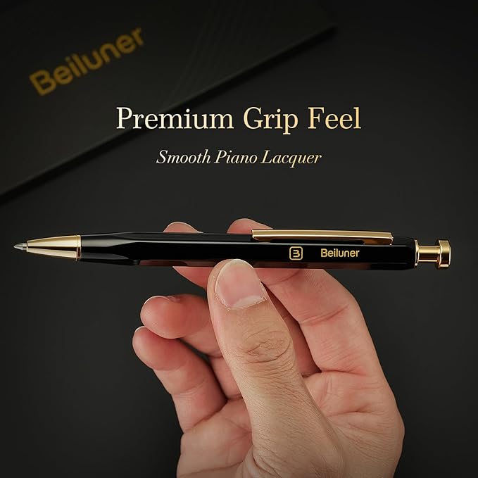 BEILUNER 312 Metal Gel Pen 0.5mm, Hexagonal Design, Black Piano Lacquer with 24K Gold Plated Accents, Includes One Refill, Professional Gel Pen Gift Box Set