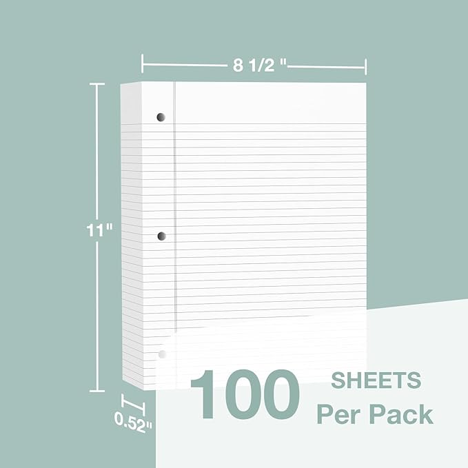 POPRUN Loose Leaf Paper, 8.5" x11" Wide Ruled, 100GSM / AA Grade Bulk Lined Filler Sheets, 3 Hole Punched for Binder Notebook, Office School Supplies, 1 Pack (100 Sheets)