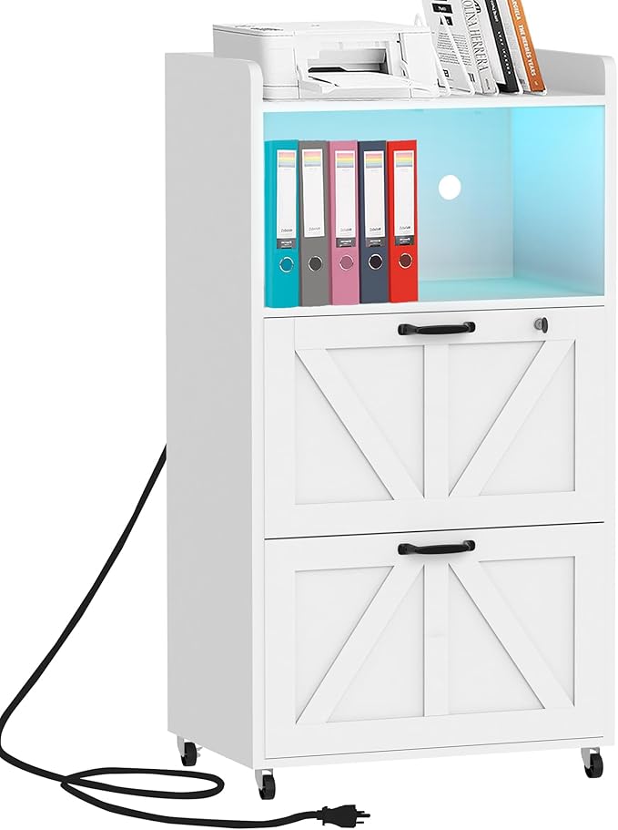 2 Drawer File Cabinet On Wheels & Charging Station, Wood Filing Cabinet with Lock & LED Light, Large Storage Printer Stand for Home Office, White