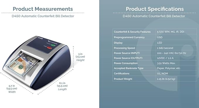 AccuBANKER D450 5-Point Counterfeit Bill Checker & Money Detector Machine w/Infrared Magnetic Watermark & Micro Printing Detection, Retail Grade - UL Listed (Pack of 2)