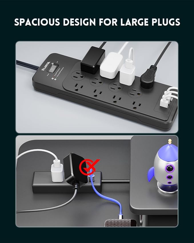 Surge Protector Power Strip 15FT(4080J), PLUGTUL Surge Protector with 12 Outlets - Spacious Design for Large Plugs, Flat Plug, 20W USB C Charging for Home, Office, ETL Listed
