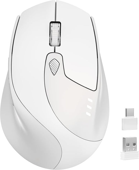 TENMOS M7 Bluetooth Mouse, Rechargeable Dual Mode BT5.1+ 2.4GHz USB Silent Wireless Mouse with Type C Adapter & Battery Indicator, Ergonomic Design for Laptop, iPad, MacBook-White and Grey