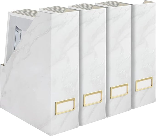 BLU MONACO Set of 4 Magazine Holders, White Marble Design with Gold Label Holders, File Holder for Desk, Magazine Storage for Home Office and Classroom