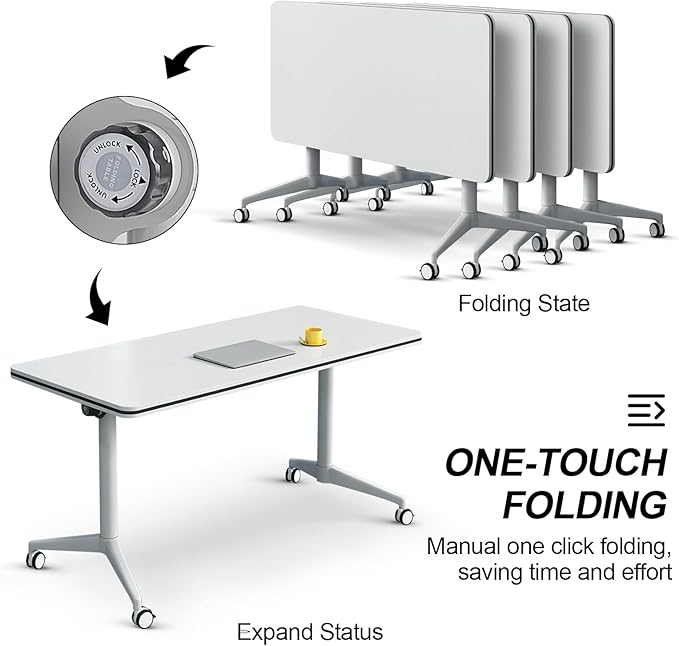 Folding Conference Table, Modern Large Conference Room Tables with Flip-Top Design, Foldable Conference Table Meeting Table with Wheels, Mobile Seminar Training Tables for Office Classroom (4, White)