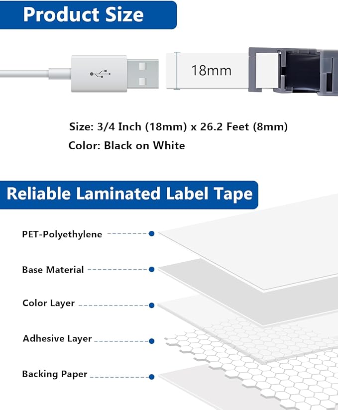 18mm 0.7" Tape Laminated White Compatible with P Touch Label Tape TZe-241 TZ241 TZe241 Refills for Ptouch PT-D410 PT-D400 PT-D600 Label Maker (Black on White, 3-Pack)