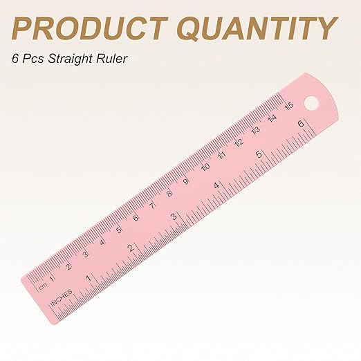HARFINGTON 6pcs Metal Straight Ruler 15cm Metric SAE Aluminum Alloy Measuring Rulers Scale Tool with Hole for Measure Study Reading Classroom Office, Pink