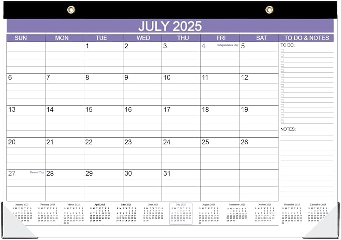 2025-2026 Desk Calendar - 18 Months Calendar from July 2025 - December 2026, Desk Calendar 2025-2026 with to-do List, 12" x 17", Purple