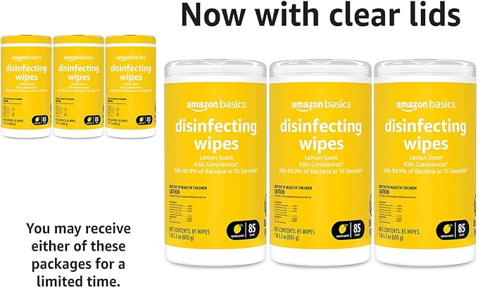 Amazon Basics Wipes, Lemon Scent, for Sanitizing, Cleaning & Deodorizing, 255 Count (3 Packs of 85)