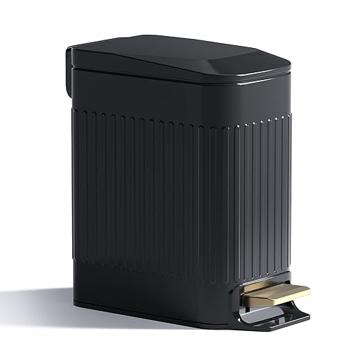 Small Bathroom Trash Can with Lid Soft Close-6L/1.6 Gal Slim Step Garbage Can-Metal Pedal Wastebasket-Narrow Rectangle Garbage Container Bin for Corner Office, Bedroom, Toilet, Live Room-Black