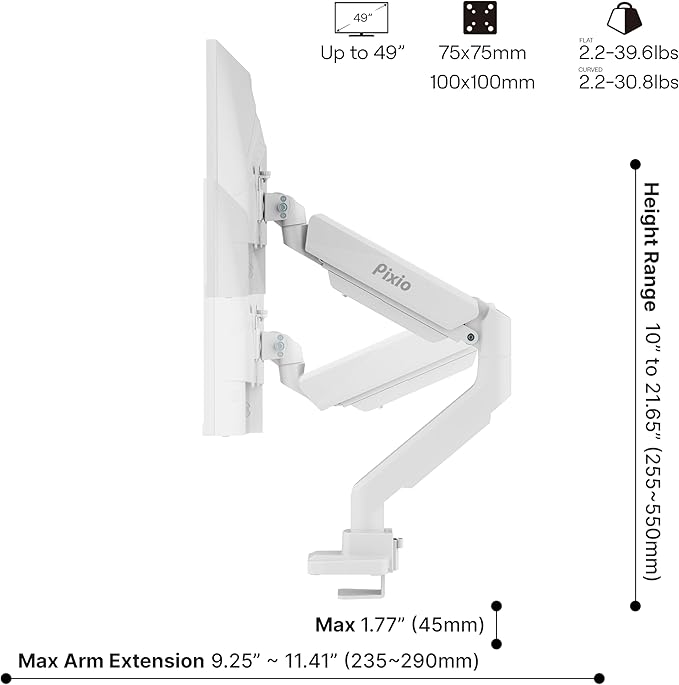 Pixio PS2S White Ultrawide Heavy-Duty Premium Single Monitor Arm Stand Desk Mount - Fits up to 49 inches Monitors, Weights up to 39lbs Flat / 31lbs Curved, Compatible with VESA 75x75 100x100mm