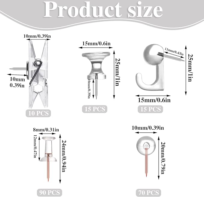 200 Pieces Push Pins Set, 5 Types Clear Thumb Tacks Push Pins for Wall Cork Board Bulletin Boards with Storage Box