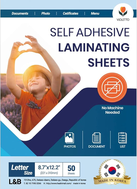 Self Stick Laminating Sheets 8.5 x 11 Inches, 4mil, Pack of 50, No Heat, No Machine, Peel and Stick Laminating Sheets, Self Adhesive Contact Paper, Self Sealing Clear Vinyl Stickers by VIOLLETO