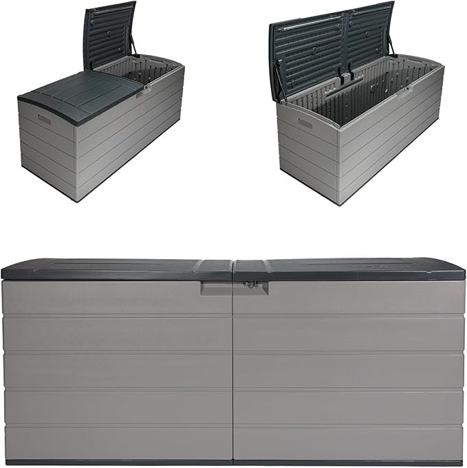 Suncast 120-Gal. All-Weather Patio Deck Box with Pad-Lockable Split Top Lid, Extra-Large Outdoor Storage Unit for Patio Furniture and Grill Tools, Made in the USA
