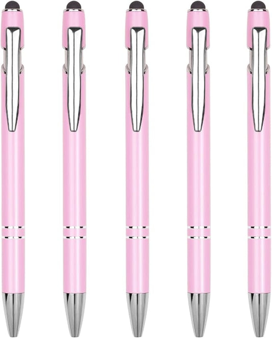 Ballpoint Pen Metal Soft Stylus Pen for Touch Screens，Retractable Tactile Turn Pen，Bulk Pens for Gifts Office Essentials，Medium Point，Black Ink (5 Pink)