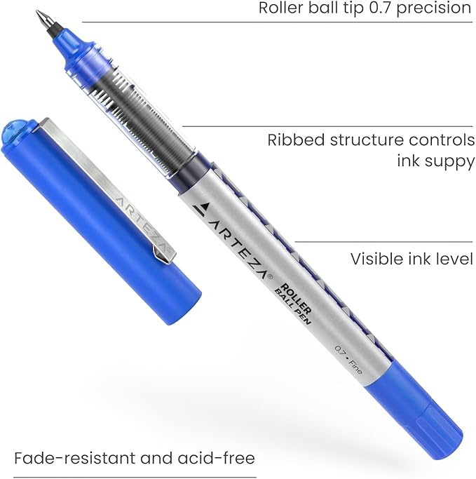 ARTEZA Rollerball Pens, Pack of 20 – Blue Liquid Ink Pens with 0.7 mm Fine Point for Note-Taking, Bullet Journaling, Office & School Writing Tasks
