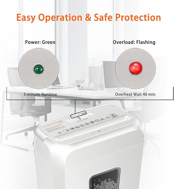 Bonsaii Low Noise Operation Paper Shredder, 6-Sheet Cross-Cut, Credit Card Shredder, Home Office, Handle for Document, Mail, Staple, 3.4 Gal Wastebasket, Easy-Carry Handle, White(C237-B)