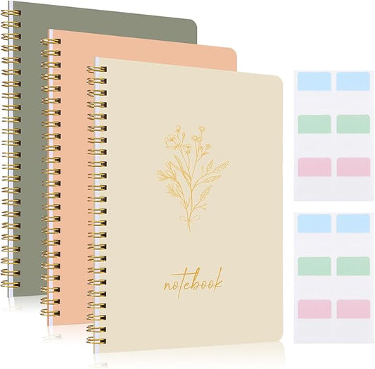 3 Pcs Spiral Notebook 5.9x8.3, 140 Pages Small Notebook for Women A5 College Ruled Journals Cute Notebooks with Large Pockets and Index Stickers for Home School Office Use（Green, Beige, Orange）
