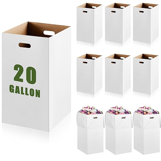 10 Pack 20 Gallon Corrugated Cardboard Trash Cans Bulk for Events Parties Disposable and Reusable Cans Bottle Recycling Bins with 20 Garbage Bags White Garbage Boxes for Outdoor Events