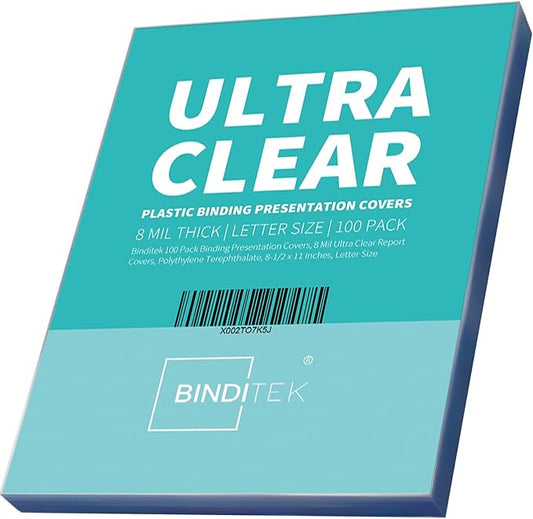 Binditek 100 Pack 8 Mil Ultra Clear Report Covers, Polythylene Terephthalate, 8.5 x 11 Inches, Letter Size, Square Corners, Un-Punched, for Students and Coworkers