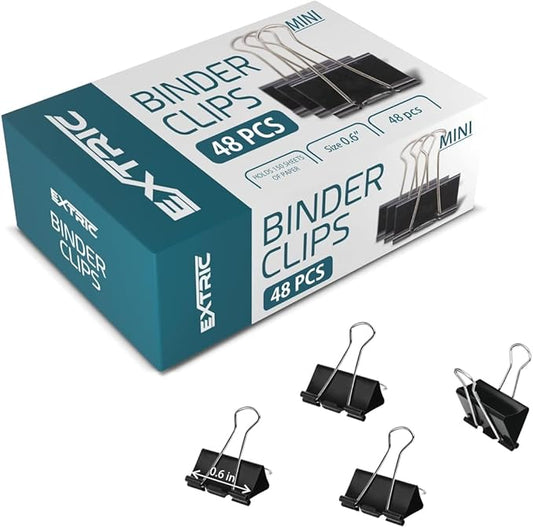 Binder Clips - 48 Mini Black Paper Clamps, 0.6 Inch, Holds 30 Pages, File Clip for Home, Office and School Supplies