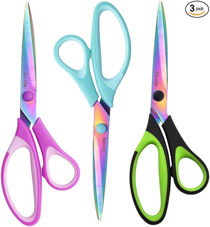 8.5" Scissors All Purpose, Multipurpose Office Scissors Set of 3 pack, Sharp Titanium Coating Blade and Soft Comfort-Grip Sturdy Scissors for Fabric School Craft Sewing Home, Right/Left Handed