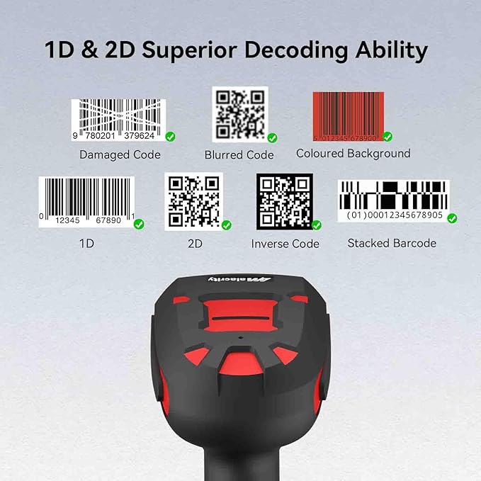 Alacrity Upgraded 2D Industrial Barcode Scanner with Wireless Charging Stand, 1968 Feet Transmission Distance 433Mhz Wireless & Bluetooth 2in1 Barcode Reader, Shock Dust Proof Hands Free, Red