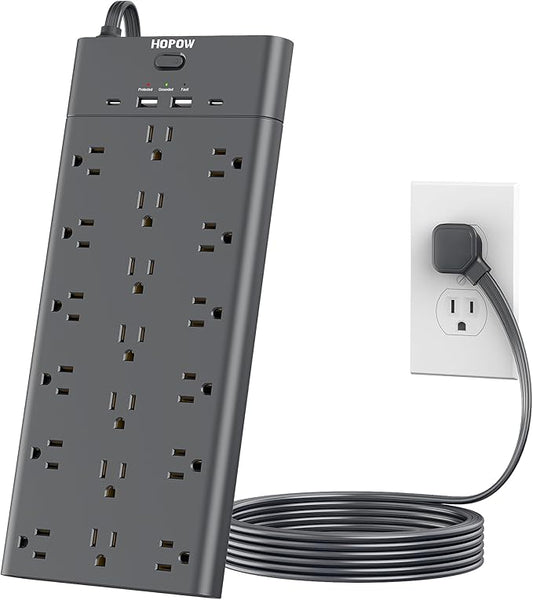 Flat Plug Power Strip, Surge Protector with 19 Outlets and 4 USB Ports, HOPOW 6 Ft Heavy Duty Extension Cord, 1875W, 2100J Surge Protection, Wall Mount for Home, Office, Gaming Room, Dorm, Black