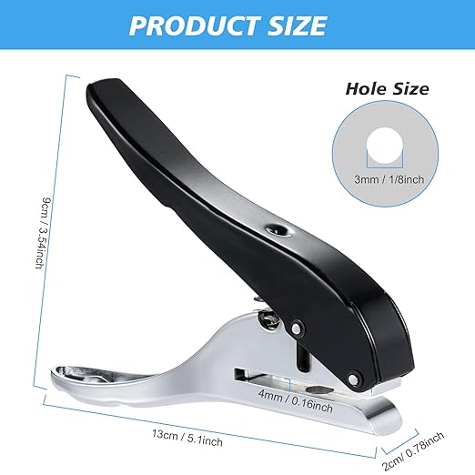 1/8" Hole Punch - Heavy Duty Single Hole Puncher for Paper, Tags, Cards, Plastic, Cardboard (3MM Black)