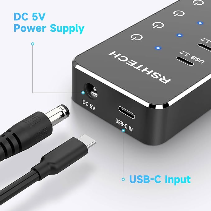 RSHTECH 7-Port Powered USB 3.2/USB-C Hub Splitter with 3 x 10Gbps USB-3.2 Ports (2C + 1A),4 USB-3.0 Ports (2C + 2A), 3.3ft Cable, Touch Switches, and 5V Power Adapter for Laptop PC