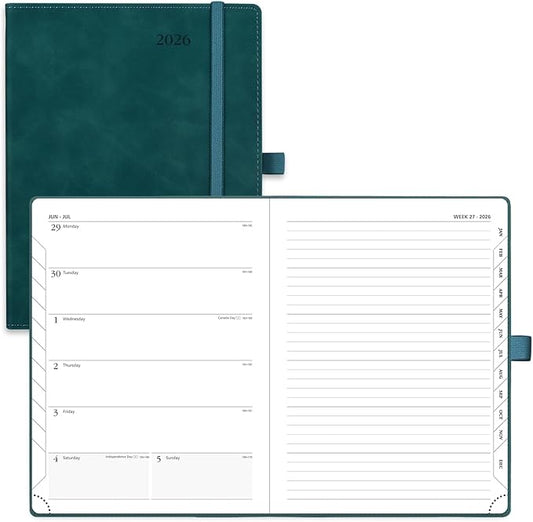 POPRUN Weekly Planner 2026 (Medium 6.5" x 8.5") Calendar 12 Months Notebook with Horizontal Layout, Leather Soft Cover, Monthly Tabs, Inner Pocket, 100GSM Thick Paper, Pen Holder - Petrol Green