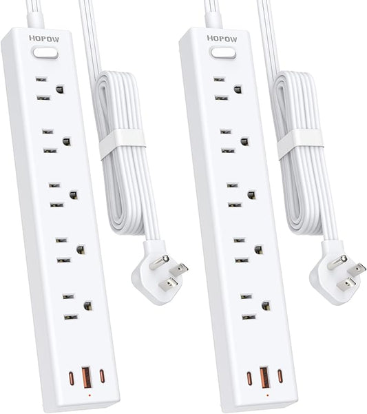 Power Strip Surge Protector, 2 Pack, 6 Ft Ultra Thin Flat Extension Cord, Surge Protector with 5 Outlets & 3 USB Ports (2 USB C), 1700 Joules, 3-Prong, Wall Mount for Home Office Dorm, White