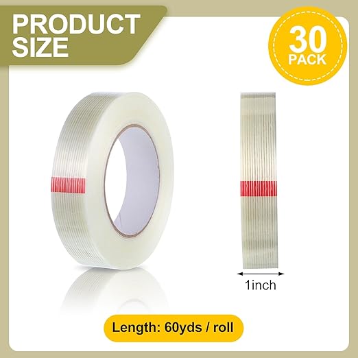Treela 30 Rolls Filament Strapping Tape 5.5 Mil Transparent Reinforced Fiberglass Heavy Duty Packing Shipping Tape for Sealing Binding Fixing (1 Inch X 60 Yards)